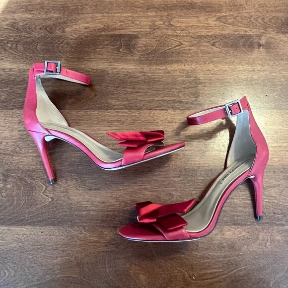 BCBGMaxAzria Pavli red satin leather heels sandals ankle strap 6.5M - Picture 7 of 12